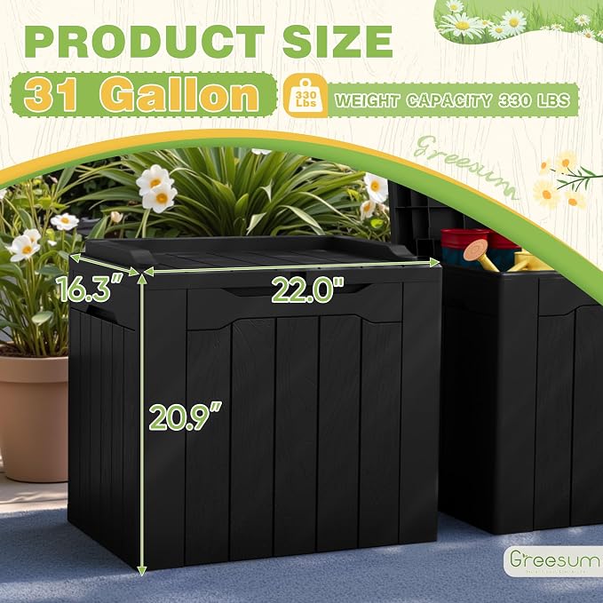 Greesum 31 Gallon Deck Box for Outside, All Weather Outdoor Storage Boxes for Patio Furniture Set, Package Delivery Box, Garden Tools, Black(Set of 2) - Image 7