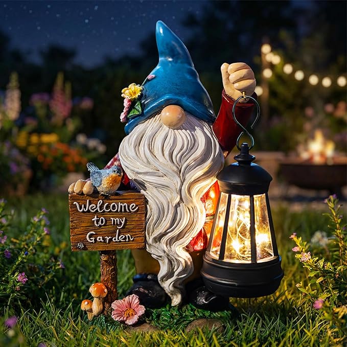 Garden Gnome Statues Figurine Lights - Solar Powered Lighting Outdoor Decorations with Lantern & Welcome Sign, Yard Art Lawn Ornaments for Porch Patio Balcony - Gnome Gifts for Women Mom