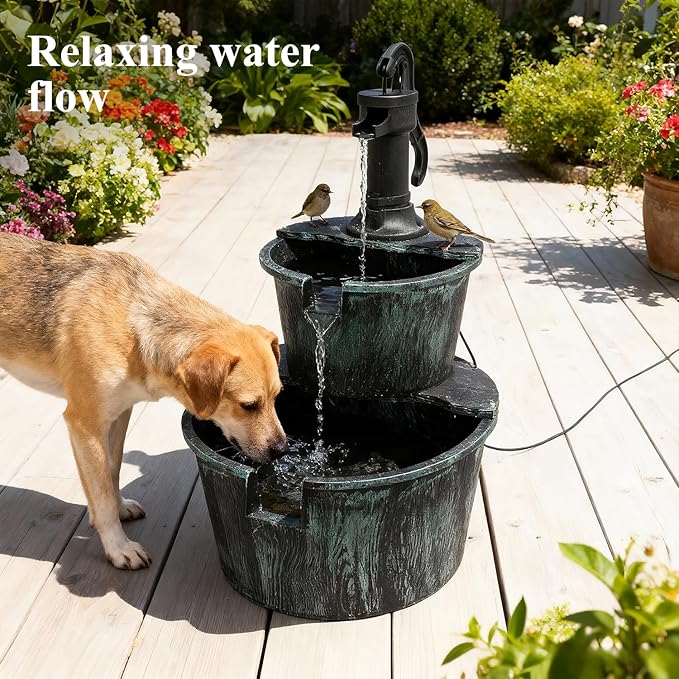 Athena Collection 27'' Height Electric Waterfall Fountain 2 Tier Stepped Barrel Vintage Fountain Polypropylene with Pump Freestanding Floor Tabletop Fountain for Outside, Patio, Garden, Green