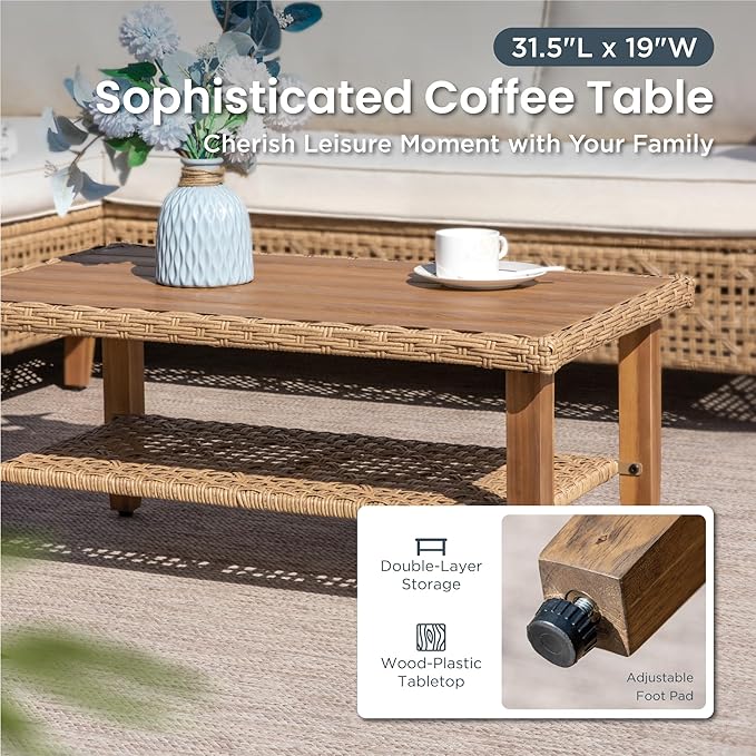 PHI VILLA Outdoor Sectional Couch, Wicker Patio Furniture Set with Cushions and Acacia Wood Coffee Table, L-Shape Small Outdoor Corner Sofa Set for Deck or Porch, 4 Seats, Beige