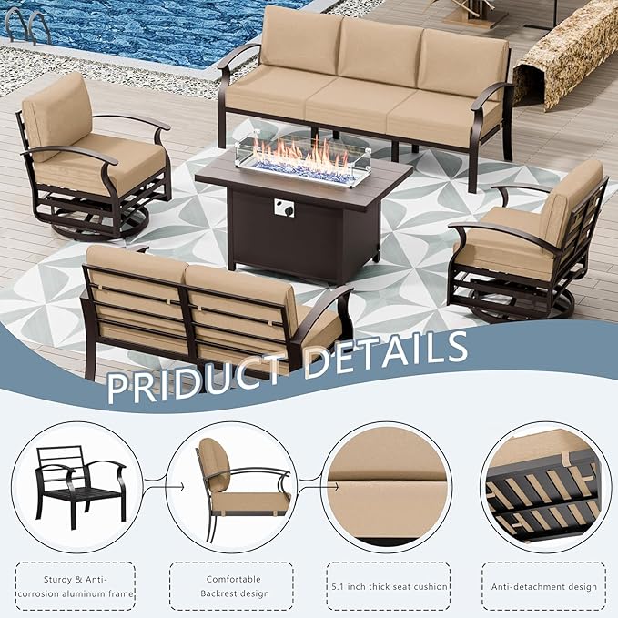 Aluminum Patio Furniture Set with Fire Pit Table, 7 Seats Outdoor Patio Conversation Sets with Swivel Chair Modern Metal Sectional Sofa with Upgrade Cushions for Patio, Backyard