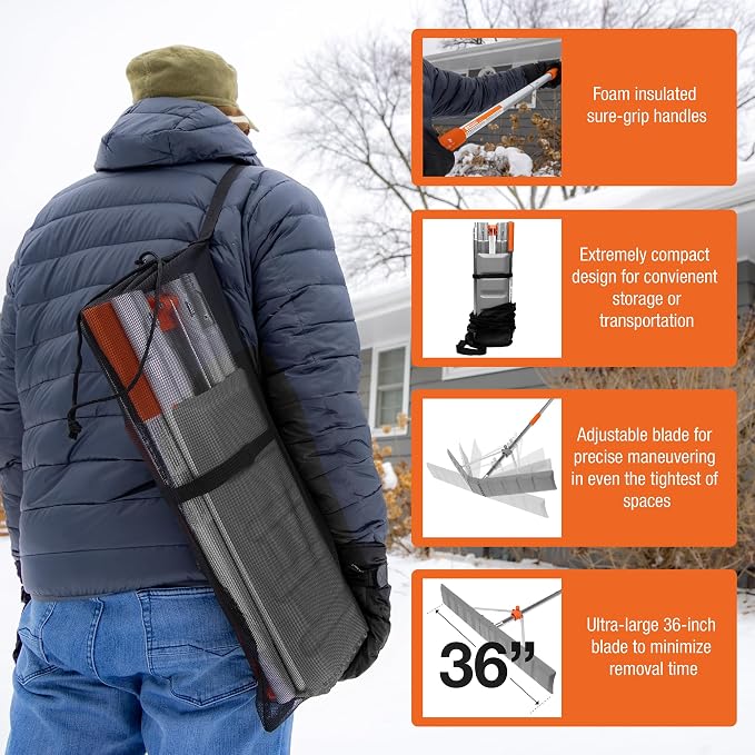 EZ Smart Snow Roof Rake w 16ft Pole, Easy Snow Removal from Roof, Prevents Ice Dams, Quick Assembly, 36 Inches Wide, 21 Foot Reach, Designed in The USA - Image 2