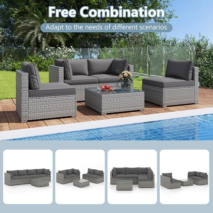 Tangkula 5-Piece Outdoor Patio Sectional Sofa Couch, PE Rattan Conversation Set w/Glass Coffee Table & Cushions, Outdoor Furniture Set w/Sturdy Metal Frame for Garden Poolside Backyard