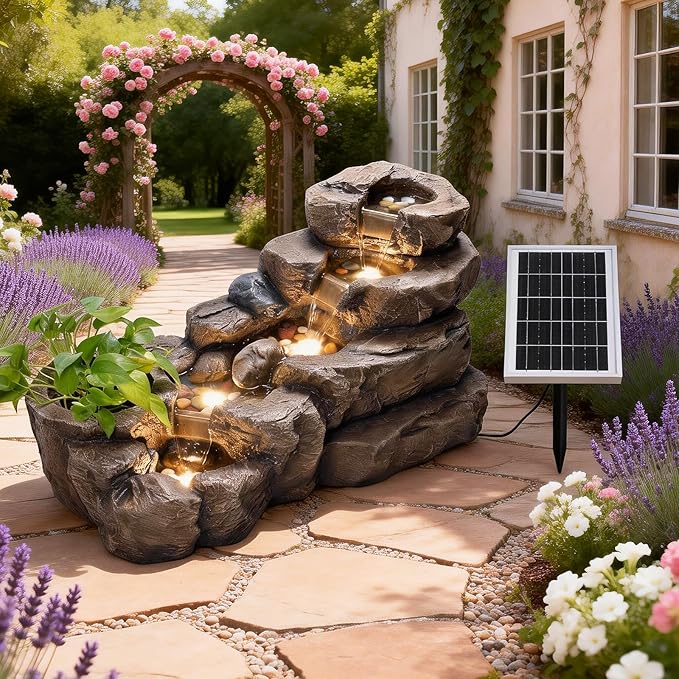 38.2" L Solar Water Fountain Outdoor Garden 5 Tiers Floor Standing Rock Natural Waterfall Outdoor Fountains with LED Lights and Planting Pot for Patio, Porch,Backyard,Home Art Decor