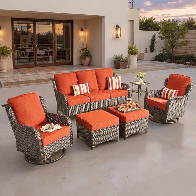 ovios 6-Piece Patio Furniture Set with Swivel Chairs Coffee Table, Outdoor Wicker Sofa with Comfy Cushions, High Back Couch Modern Conversation Sets, Brown/Orange Red