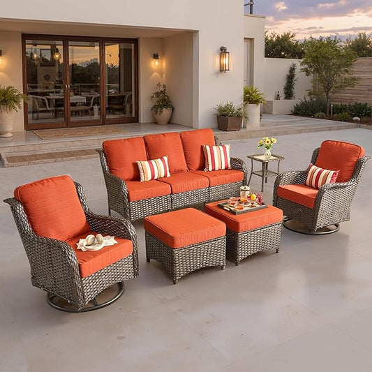 ovios 6-Piece Patio Furniture Set with Swivel Chairs Coffee Table, Outdoor Wicker Sofa with Comfy Cushions, High Back Couch Modern Conversation Sets, Brown/Orange Red