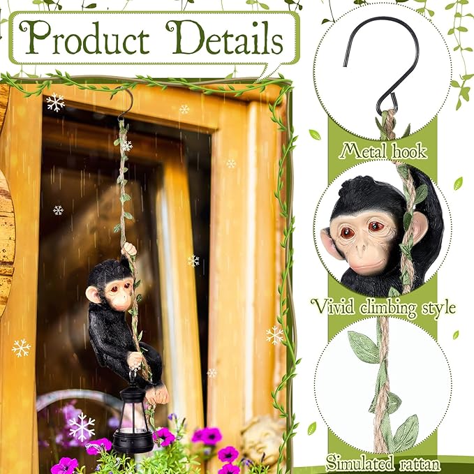 Solar Light Outdoor Monkey Statues Black 7.48 Inch Resin Chimpanzee Baby Monkey Climbing on Vine with LED Lantern Waterproof Hanging Figurine with Hook for Yard Garden Wall