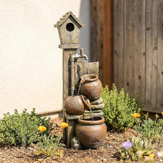 Water Fountain Birdhouse Outdoor Fountain, 37" Tall Garden Fountain Tiered Waterfall Fountain with Cascading Pots, Farmhouse Water Feature for Patio Backyard Yard Lawn Garden Decor