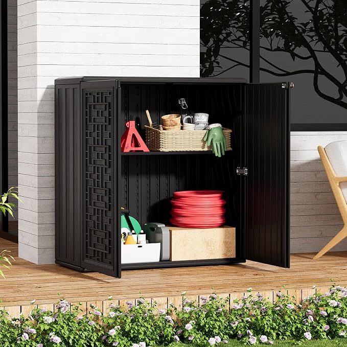 ZZM HDPE Outdoor Storage Shed, Outdoor Plastic Storage Cabinet, Horizontal Resin Tool Shed for Garden, All Weather Outdoor Storage Clearance, DIY Usage, with one Shelf (Black) - Image 2