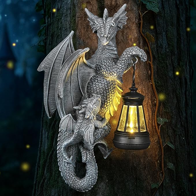 Solar Garden Decor Dragon Tree Hugger Statue | Outdoor Lawn Ornament with LED Light for Yard, Patio, Balcony | Unique Fantasy Dragon Figurine Gift for Women, Mom, Grandma