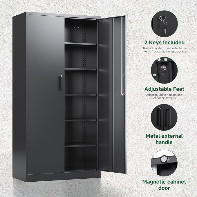Letaya Metal Storage Cabinets with Lock Doors,Tall Locker Organizer Steel Garage Cabinets, 5 Adjustable Layers Shelves for Home, Office, Warehouse,Tool,Industrial(Black) - Image 6