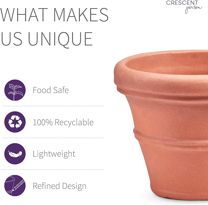 Crescent Garden Brunello Small Classic Rolled Rim Planter, Indoor/Outdoor Plastic Round Pot - Traditional Planter for Herbs, Plants, Houseplant -14''W (Terracotta-Color)