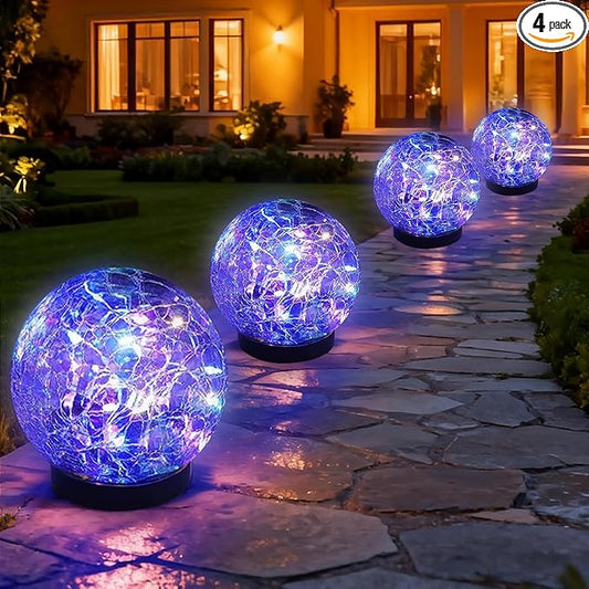 Solar Garden Lights Outdoor Waterproof, 4 Pack 30 LEDs Cracked Glass Ball Light, Ground Landscape Garden Decor, Solar Globe Decorative for Pathway/Patio/Lawn/Yard (Multicolor, 3.9")