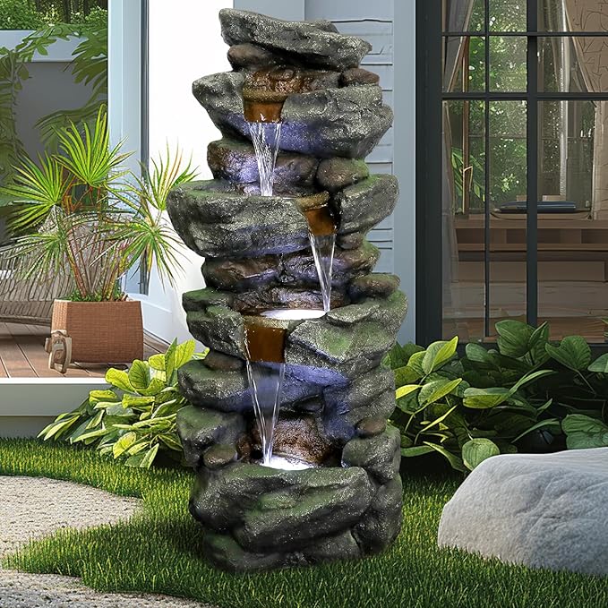 SunJet 40in Outdoor Water Fountain with LED Lights - 4-Tier Polyresin Rock Water Fountain for Home Garden, Yard, Patio, Deck Decor - Soothing Tranquility Floor-Standing Fountains