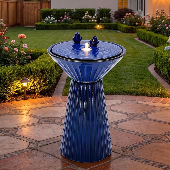 28" Tall Ceramic Outdoor Fountain and Waterfalls, Patio Fountain with LEDs, Birdbath for Outside, Soothing Water Feature for Relaxing Front Porch, Garden, Backyard, Cobalt Blue, 2KD Birds