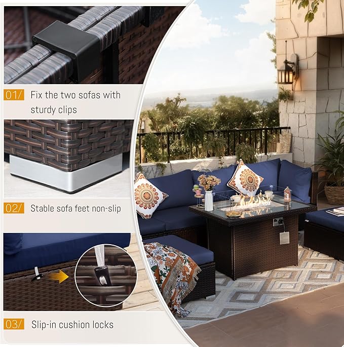 BULEXYARD 13 Piece High Back Wicker Patio Furniture Sets with Fire Pit, Elegant Oversized Outdoor Seating Set Modular, Comfy Extra Deep Wide 12-Person Sectional Couch Sofa for Backyard, Brown & Blue