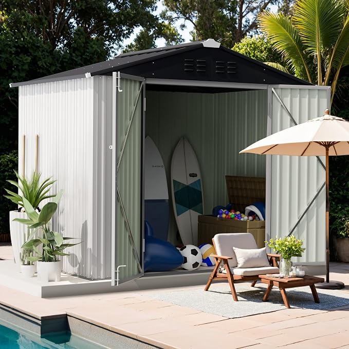 GUNJI 8 x 6 FT Shed Outdoor Storage Shed Metal Garden Shed with Lockable Door Outside Waterproof Tool Shed for Backyard, Patio, Lawn (White) - Image 3