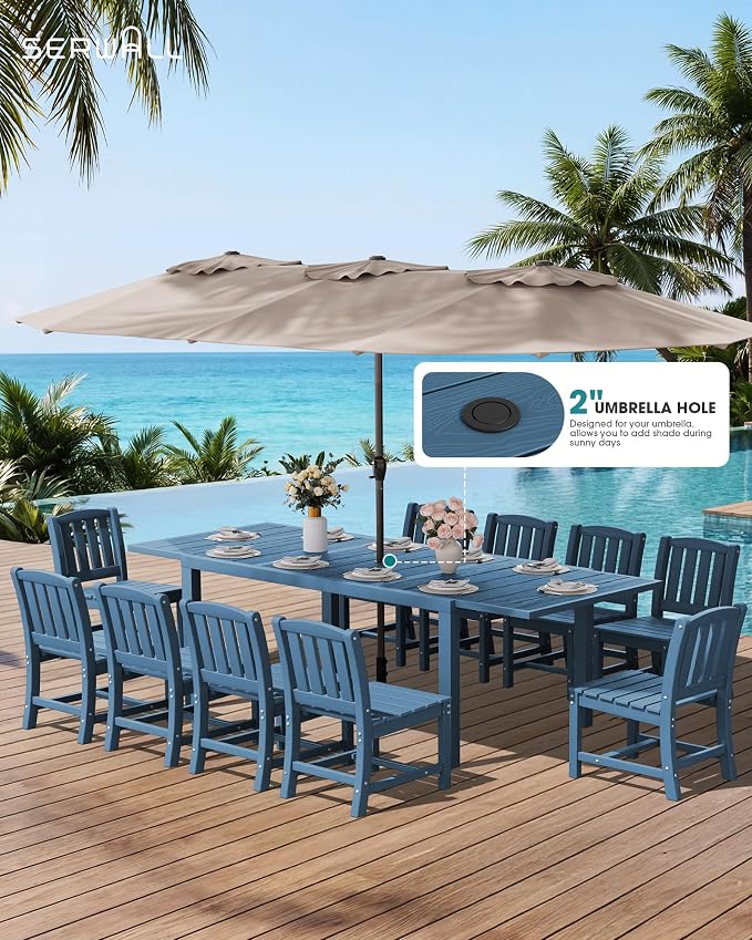 SERWALL Outdoor Expandable Dining Table 60" - 83", Patio Dining Table for 4-10 People, All Weather HDPE and Aluminum Outdoor Furniture, Blue - Image 2