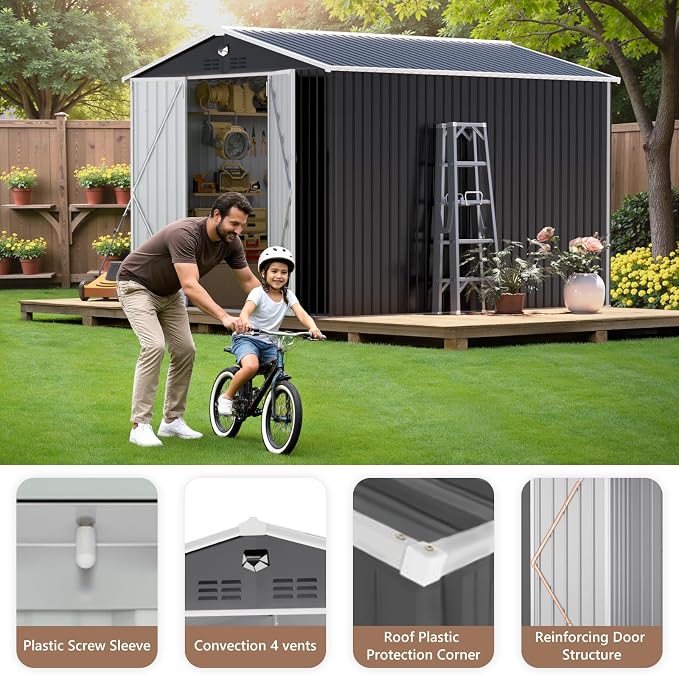 10x12 FT Outdoor Storage Shed, Metal Garden Shed - Tool Storage Sheds with Lockable Doors, Waterproof Outside Storage Building for Backyard, Patio (Black; Floor Not Included) - Image 7