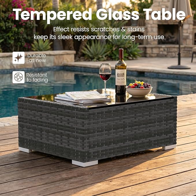 8 Pieces Patio Furniture Set with 44" Propane Gas Fire Pit Table, Outdoor Sectional Wicker Conversation Sofa Sets with Coffee Table