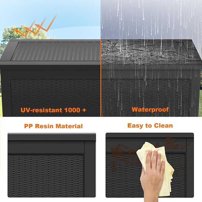 PatioZen 260 Gallon Resin Deck Box, Lockable Patio Outdoor Storage Box for Furniture, Garden Tools and Tools Storage, Waterproof Outside Storage Boxes - Black - Image 4