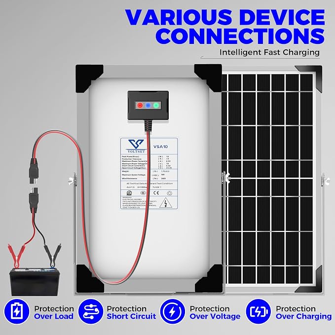 Voltset Solar Battery Trickle Charger: 10 Watt 12V Solar Panel Maintainer for Car Boat - Waterproof Monocrystalline Solar Charger with Controller for RV Marine Trailer Truck Motorcycle - Image 8