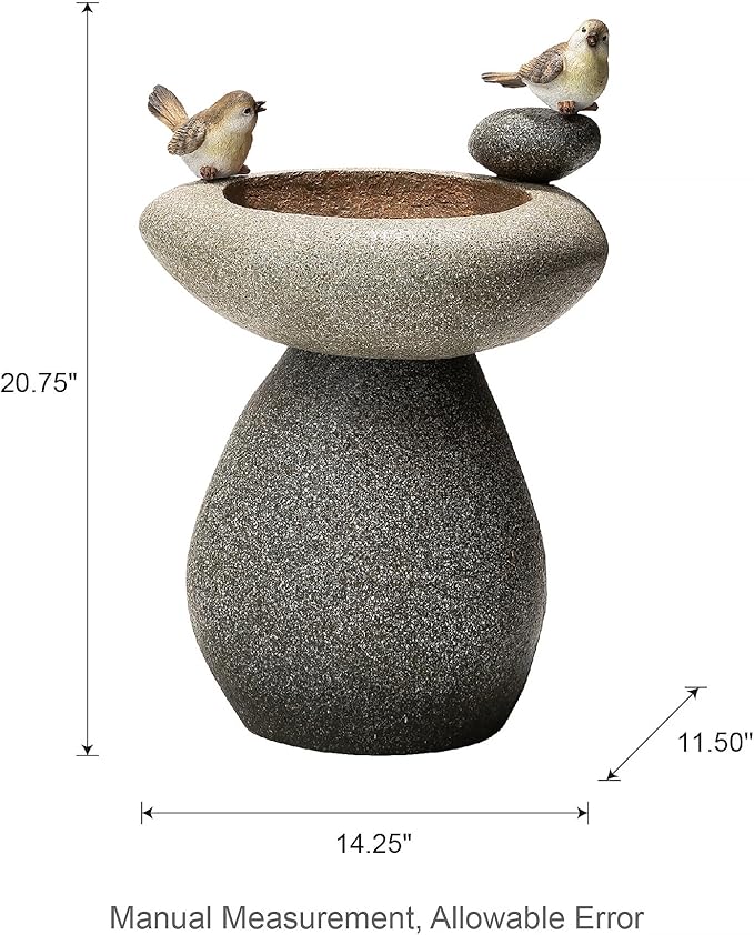 Glitzhome 20.75" H Water Fountain with LED Light and Pump, Zen Style Faux Stone Texture Birdbath Outdoor Fountains with Birds Decor, Floor Fountain for Porch Deck Patio Backyard