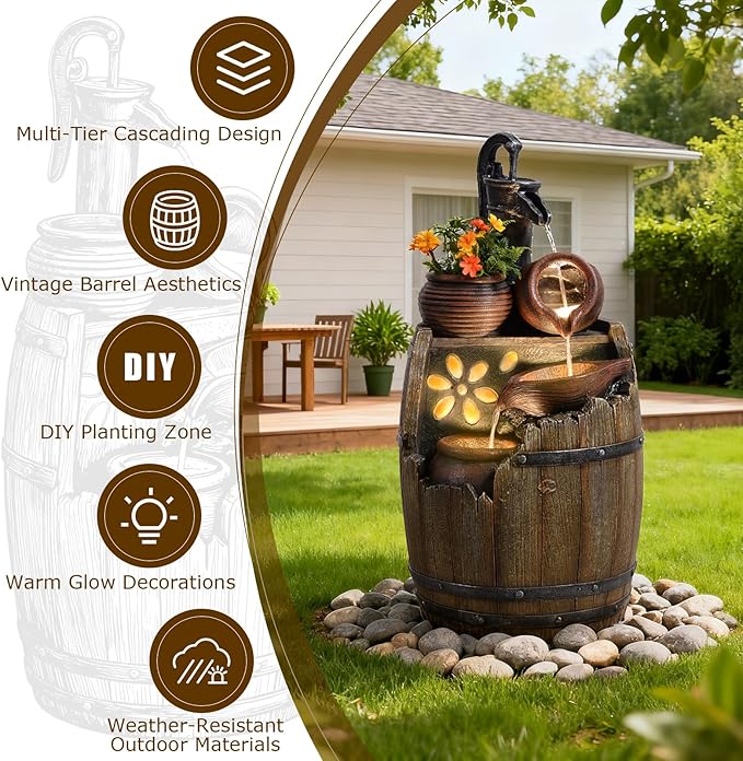 29" H Outdoor Water Fountain Pump and Barrel,4 Tiered Rustic Wood Barrel Cascading Waterfall Fountains Outside Feature with LED Lights for Garden, Patio, Porch, Backyard Decor