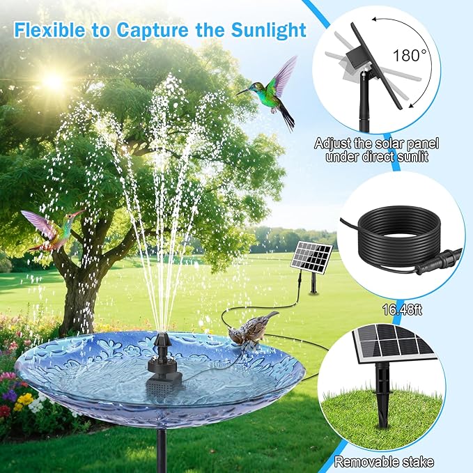 Solar Fountain Pump with Adjust Glass Panel, Upgrade 3.5W Solar Water Pump with Stake, 16.4ft Cable, 2000mAh Battery, Colorful Lights, Solar Powered Fountain Kits for Bird Bath, Hummingbird