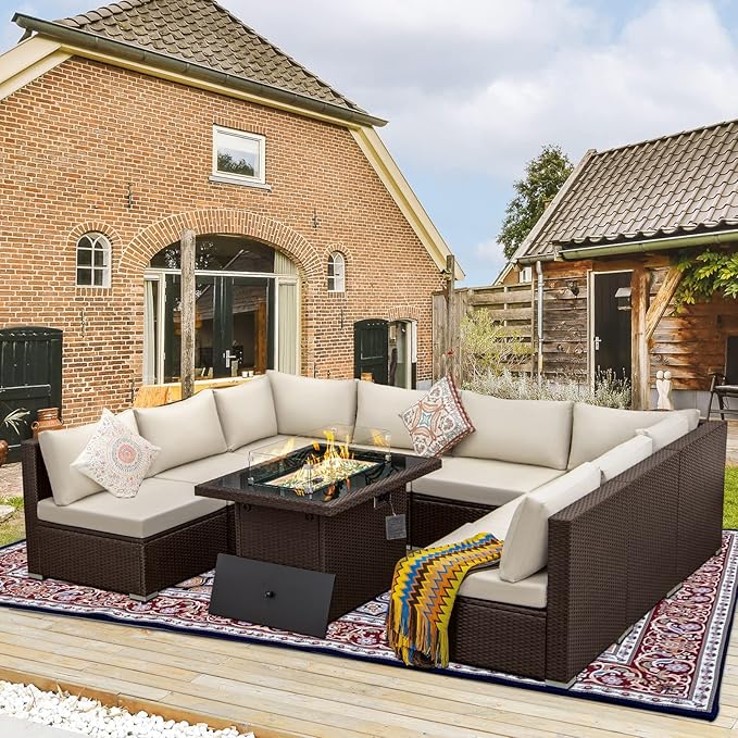BULEXYARD 9 Piece High Back Outdoor Sectional Couch Set with Fire Pit, Elegant All-Weather Patio Furniture Set, Extra Large Size 8-Person Backyard Seating Group L-Shape for Yard, Deck, Brown & Beige
