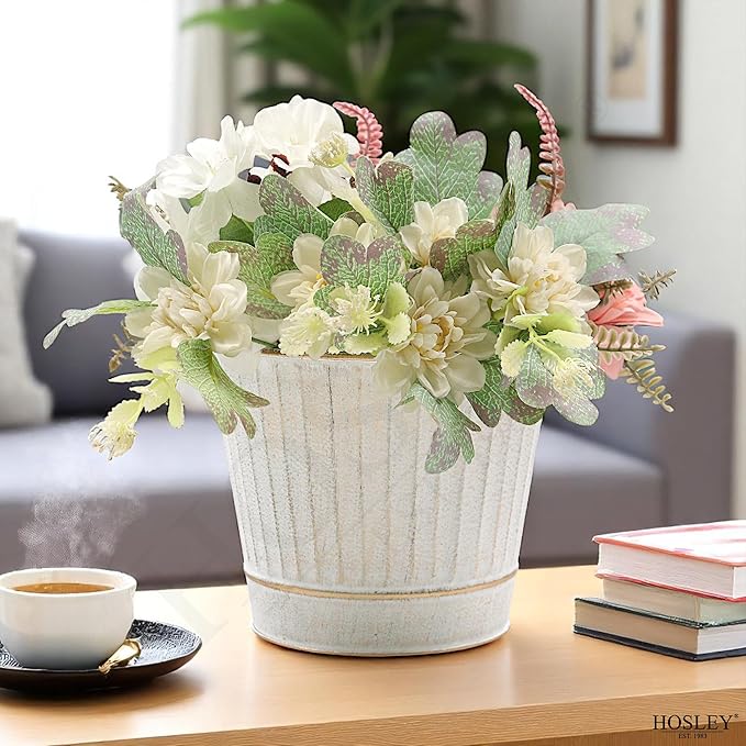 Hosley Metal Planters 7" Dia x 6" H Ideal Farmhouse Decor for Floral Arrangements Weddings, Gift Special Events Parties Outdoor Planters White wash