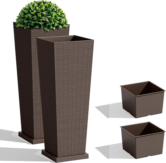 JUMMICO Set of 2 Resin Rattan Tall Planters for Outdoor Plants, Large Tapered Planters with Drainage Holes, Inner Trays and Outer Saucers, Flower Pots for Garden, Patio, Porch, Backyard (Brown, 32")