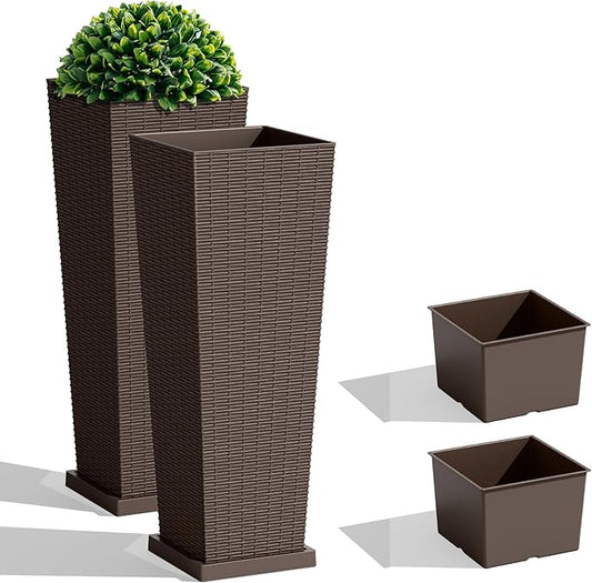 JUMMICO Set of 2 Resin Rattan Tall Planters for Outdoor Plants, Large Tapered Planters with Drainage Holes, Inner Trays and Outer Saucers, Flower Pots for Garden, Patio, Porch, Backyard (Brown, 32")
