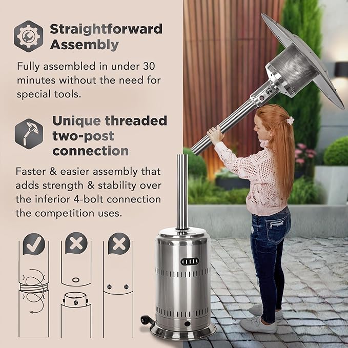 Fire Sense 01775 Performance Series Patio Heater With Wheels 50,000 BTU Output Electronic Ignition System Portable Outdoor Propane Heater - Unpainted Stainless Steel