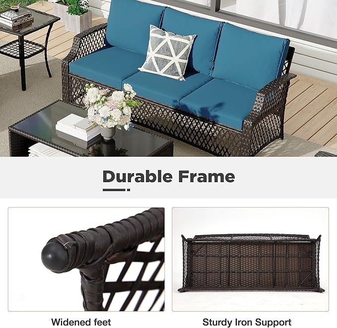 HOMREST 7 Piece Patio Furniture Set, Wicker Outdoor Conversation Sofa Set with Swivel Chairs, 2 Ottomans, Glass Side Table, Rattan Outdoor Sectional for Deck Backyard Porch （9 Seats, Turquoise