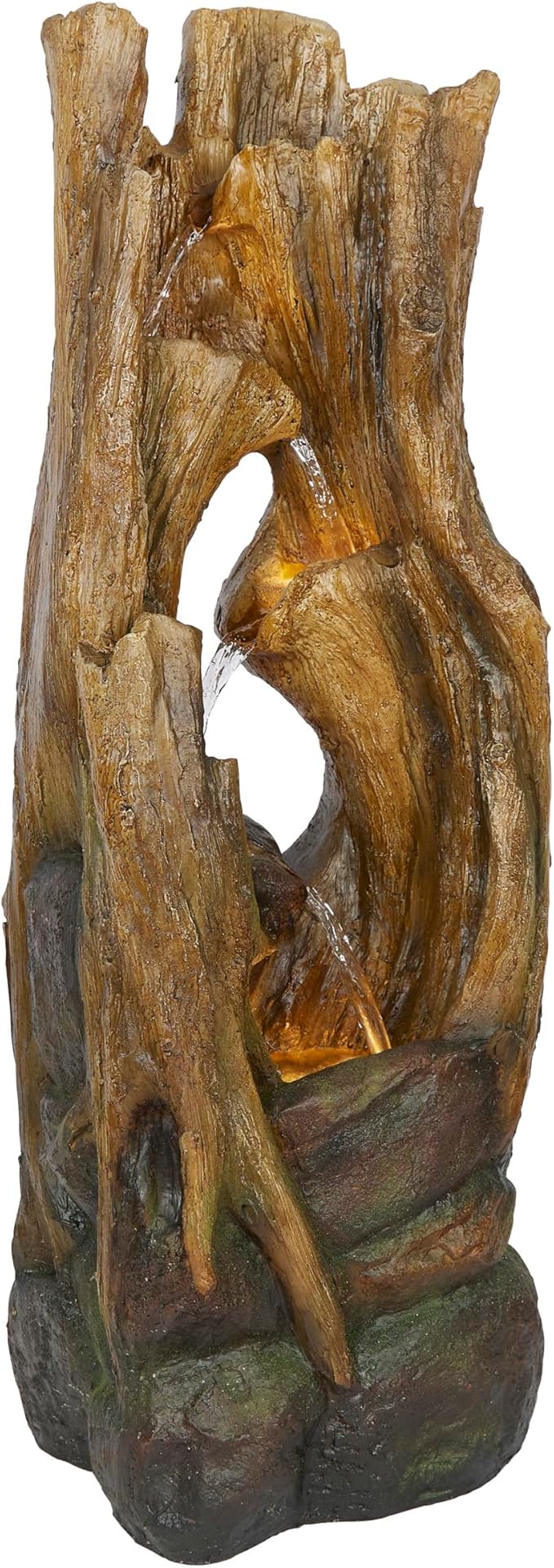 Alpine Corporation 39" Tall Cascading Tree Trunks Waterfall Fountain with LED Lights, Outdoor Floor Water Feature with Rustic Natural Wood Look, Garden, Patio, Lawn & Backyard Decor, Brown