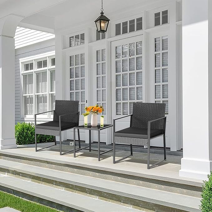 Tangkula 3 Piece Patio Furniture Set, Modern Heavy Duty All Weather Cushioned Wicker Chairs and Coffee Table Set, Suitable for Front Porch, Backyard, Garden, Poolside and Deck (Black)