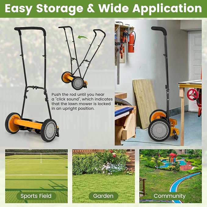 16-inch 5-Blade Push Reel Lawn Mower, Walk-Behind Grass Cutter w/Removable 7 Gallon Grass Catcher Bag & Adjustable Cutting Height, Cordless Manual Lawn Mower for Garden, Lawn, Yard (Orange) - Image 9