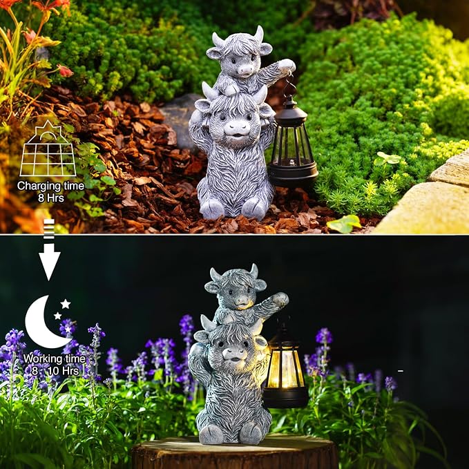 Goodeco 9.5 Inch Highland Cow with Solar Lantern – Resin Garden Decor, Outdoor Statue & Unique Highland Cow Gifts (Gray) - Image 5