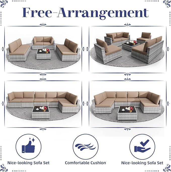 KIGOTY Patio Furniture Set,7 Pieces Modular Outdoor Sectional Sofa, PE Rattan Patio Conversation Set, All Weather Wicker Patio Furniture with Cushions and Coffee Table（Grey White/Camel）
