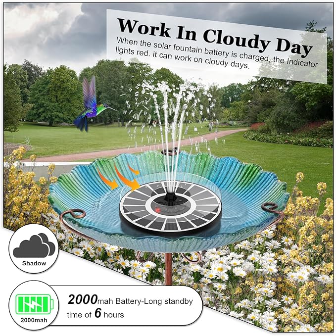 Yzert Solar Fountain with 2000mAh Battery & Innovative Indicator, 3.5W Glass Solar Water Fountain Pump Works in Cloudy Day with 7 Nozzles for Bird Baths, Gardens, Ponds, Pools, Outdoors (White)