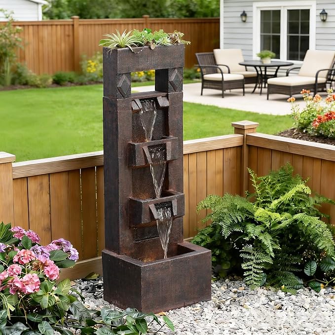 40.9" H Indoor Outdoor Modern Water Fountain with Lights & Pump, 4-Tier Cascading Outdoor Patio Waterfall Fountain for Garden, Porch, Yard, Landscape, Indoor Décor, Brown Vintage Wood-Look