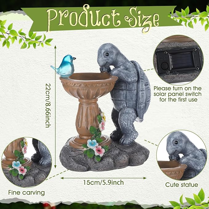 Turtle Birdbath Outdoor Garden Decor 10.25 Inch Solar Bird Turtle Statues Ornaments with Succulent and Solar LED Lights for Outside Decorations Yard Art Lawn Porch Patio Housewarming Gifts