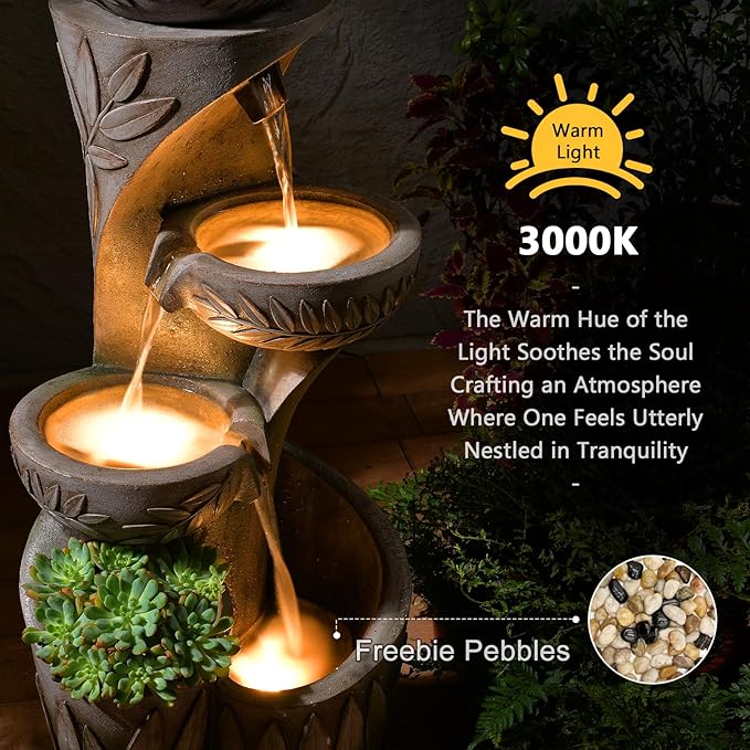 35.6" H Outdoor Water Fountain - Relief Leaf Design 4 Tiers Modern Cascading Bowls and Garden Fountains with Lights for Patio, Deck, Porch, Lawns, Backyard and Home Art Decor