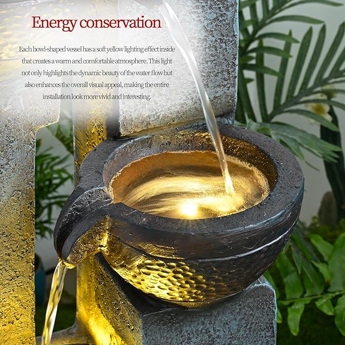40" Inch Water Fountain Outdoor&Indoor 4-Tiers Large Outdoor Patio Decor Gray Garden Water Fountain for Outside Waterfall with LED Light&Pump Resin Modern Floor-Standing Water Feature Outdoor