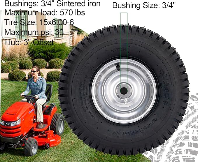 15x6.00-6 Lawn Mower Tire and Wheel Front Tire Compatible with John Deere Craftsman Husqvarna Riding Mowers Lawn Tractors - Image 3
