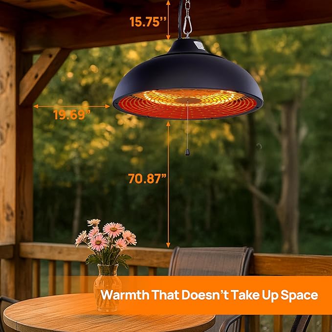 Hanging Patio Heater, Ceiling Mounted, Electric Patio Heater, Built in Temperature Control, Suit for Outdoor/Indoor, Garage, Greenhouse, 600W/900W/1500W