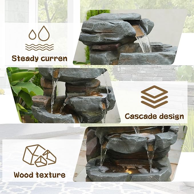 42" H Outdoor Water Fountain with 5 Tiers Large Cascading Realistic Tree Trunk Waterfall Fountains with LED Lights Outdoor Water Fountain for Garden Patio Backyard Porch Home Decor