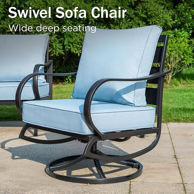 PHI VILLA Patio Furniture Chair Set for 2, Deluxe Outdoor Conversation Set with 2 Swivel Padded Sofa Chair, Full Metal with 5.8" Cushion for Deck, Lawn, Garden(Blue)