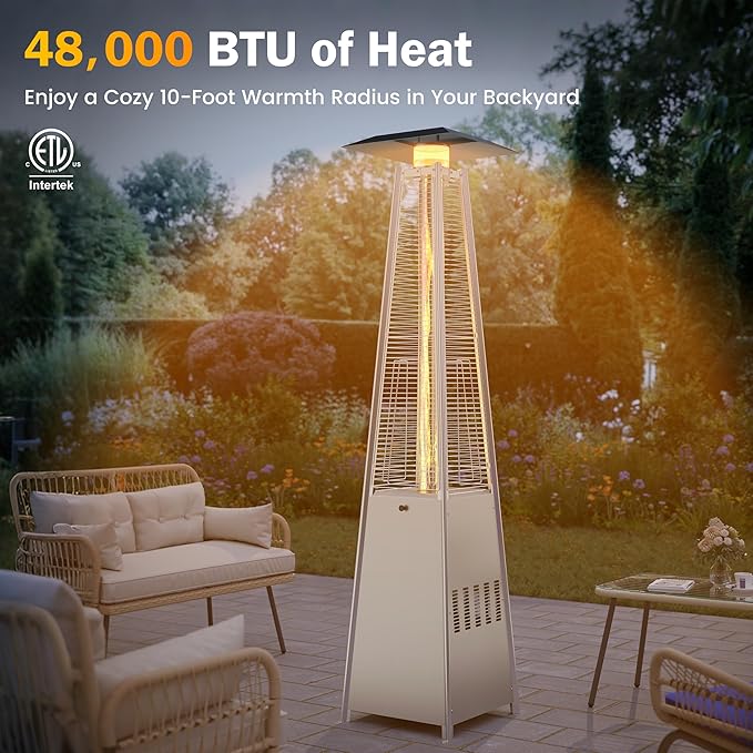 Sundale Pyramid Patio Heater, 48,000 BTU Propane Outdoor Heater with Wheels and Tip-Over Protection, Thickened Glass Tube Patio Heaters for Outdoor Use, Commercial & Residential (Sliver)